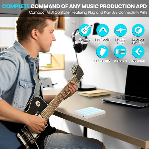 Image of M-VAVE Wireless MIDI Controller Pads, 4.1 * 4.1 Inch, 0.28 LBS, Bluetooth Portable USB with 16 Drum, Note Repeat, Full Level Buttons, Rechargeable battery (White Pocket)