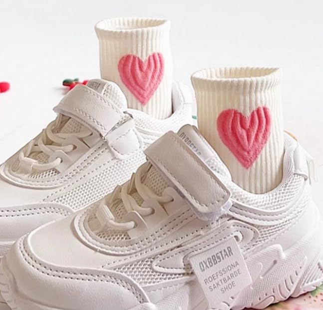 5 Pairs Girls Heart Pattern Socks, Pink Purple Green, Knitted Fabric, Autumn Spring Socks For Children Aged 3-163