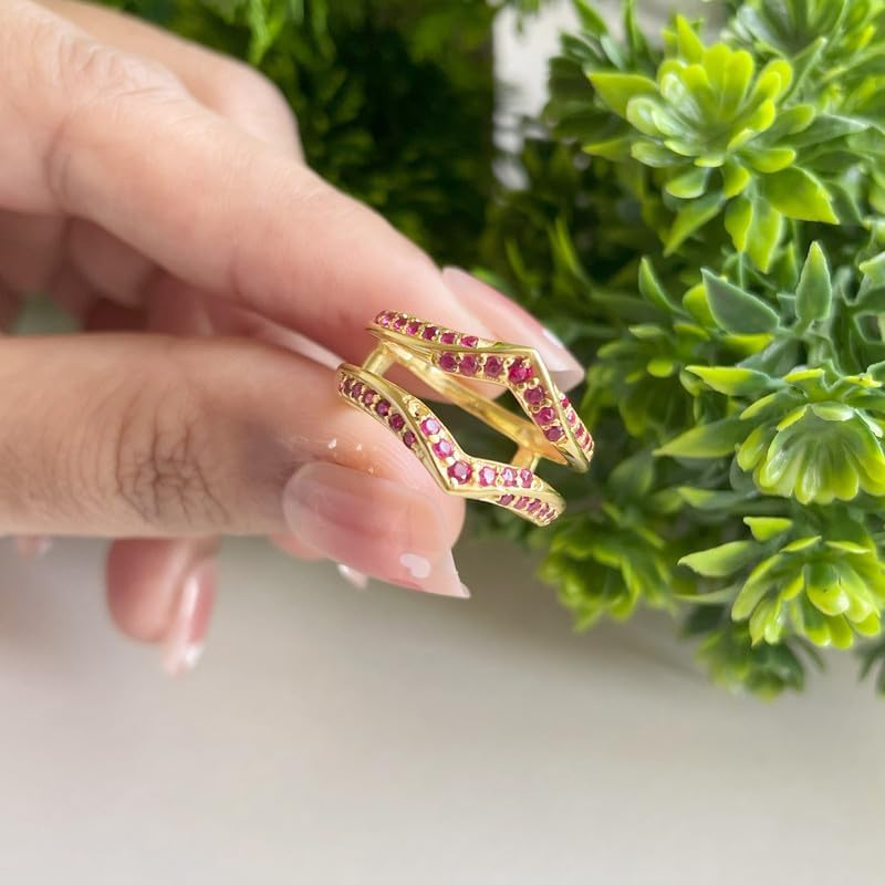 Red Ruby V Shaped Enhancer Guard For Women, 14k Gold Finish Ruby Anniversary Wrap Ring, Anniversary Band