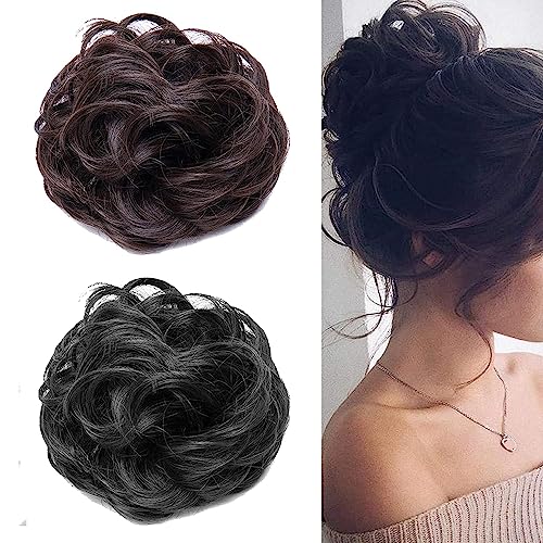 Image of CLITZ (2 PACK) Black +Brown Combo Messy Bun Hair Piece Hair Extension With Elastic Rubber Band Hairpiece Synthetic Hair Scrunchies Hair Piece for Women Girls Color (Brown+Black)