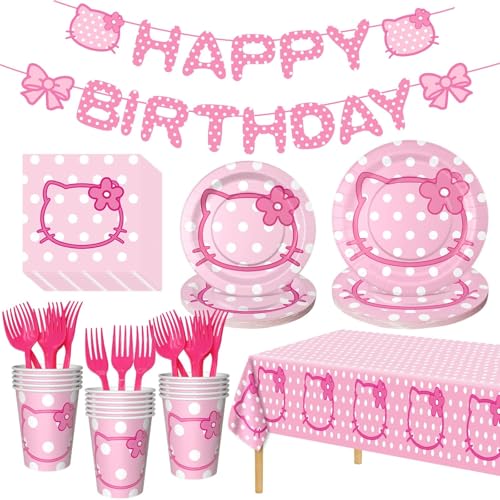 AFZMON Hello Cat Party Plates and Napkins Birthday Decorations for Kids, Kitty Tablecloth Banner Cups and Forks Tableware Set Party Supplies Decor, Serves for 16 Guests