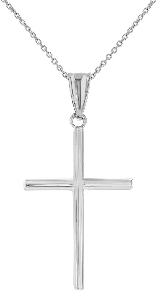 High Polished 14K White Gold Plain Slender Cross Pendant with Chain Necklace