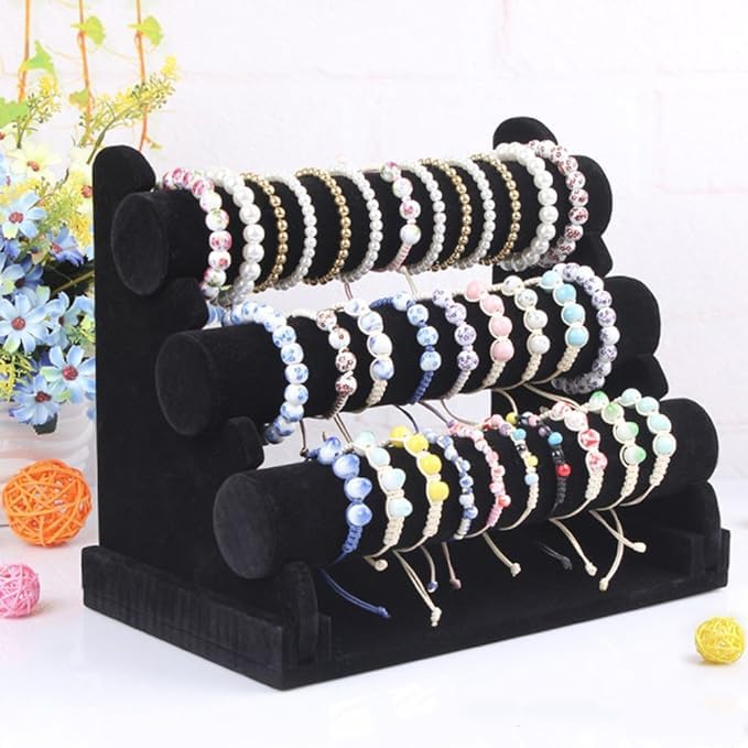 Image of Velvet 3 Roll Velvet Black Finished Wooden Jewellery Display Stand