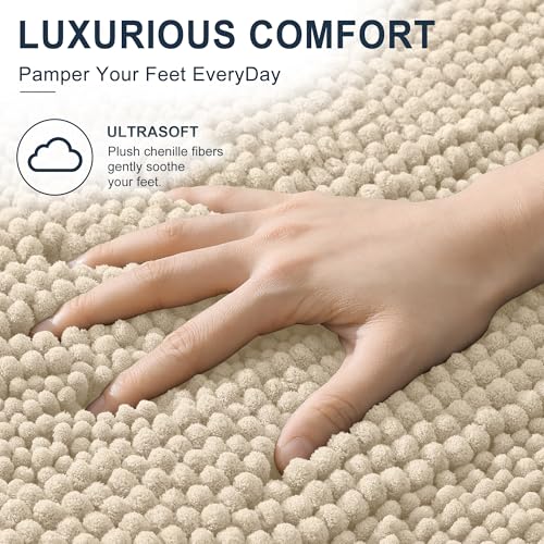 Image of Smiry Thick Chenille Bathroom Runner Rugs 44x24, Extra Absorbent Striped Bath Mat, Machine Washable, Rubber Backing, Long Bath Rugs for Tub & Shower, Modern Home Decor Accessories, Sand