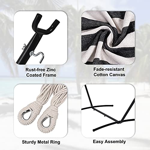 Prime Garden Cotton Rope Hammock With Space Saving Steel Hammock Stand, 2 Person Double Freestanding Hammock With Carry Bag For Outdoor Patio Yard Backyard 450 Lb Capacity (Black Stripe) #TOP4