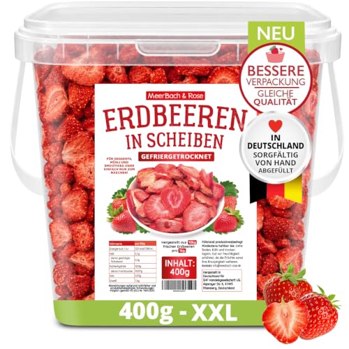 Gefriergetrocknete Erdbeeren 400g – 100% Frucht, ohne Zuckerzusatz – knusprige Erdbeerchips in SCHEIBEN – ideal für Müsli, Smoothie & Backen. Meerbach & Rose – Qualität aus Deutschland.