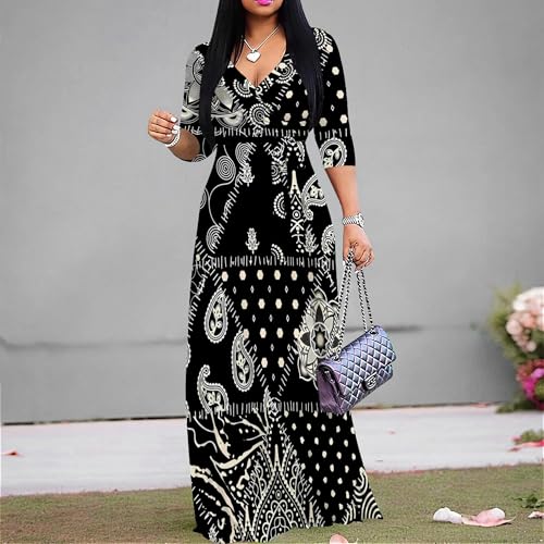 Image of PinkPatty Women's Print Maxi Dresses 3 /4 Sleeve Flowy Long Dress V Neck Wrap Tie Waist Sundress