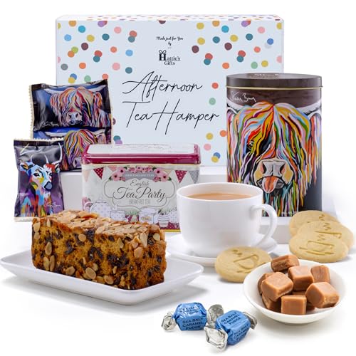 Hattie’s Gifts Afternoon Tea Hamper - English Teabags, Dundee Cake, Scottish Shortbread & Steven Brown Art Fudge - Tea & Biscuits Gift Set | Christmas Hamper & Gourmet Gifts