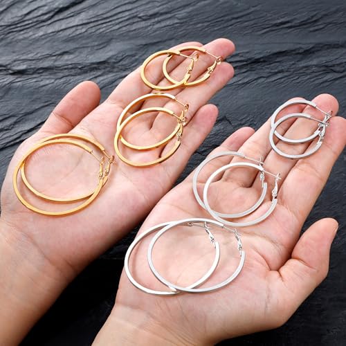 Gold Silver Plated Hoop Earrings for Women Hypoallergenic Stainless Steel Gold Hoops Earrings Lightweight Large Small Hoop Earrings Set3