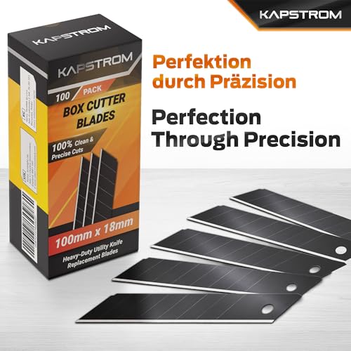 KapStrom Cuttermesser-Klingen (schwarz, 100 Stück), scharfe Allzweckmesser-Ersatzklingen, 18 mm robuste Abbrechklingen aus Karbonstahl