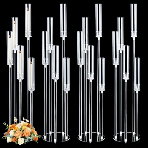 4Pcs 45.7Tall 5 Arm Acrylic Candelabra Centerpieces for Tables Clear Candle Holder for Wedding Floor Candelabro Holders for Ceremony Birthday Party Home Decoration Fit 0.8 LED CandlesNo Candle