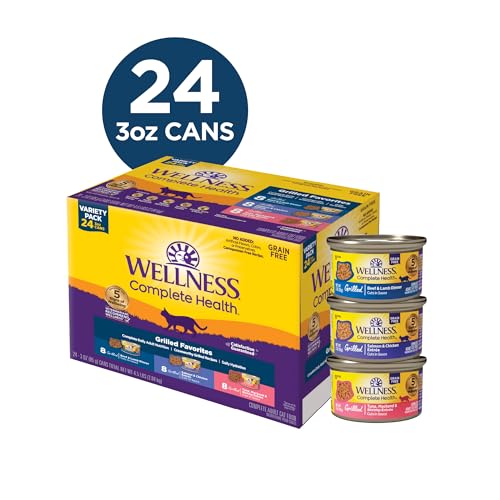 Image of Wellness Complete Health Grilled Favorites Variety Pack Adult Canned Wet Cat Food, Natural, Protein Rich, Grain Free, 3 oz, Pack of 24 Cans