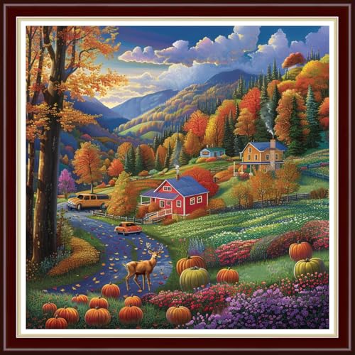 Image of Joyhoor Cross Stitch Kits for Beginners Stamped Cross-Stitch Supplies Needlework preprint Embroidery Kits for Adults DIY Needlepoint Kit Embroidery Patterns 11CT-Autumn Scenery 18x18 inch
