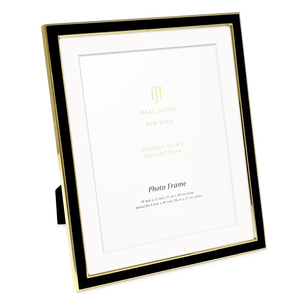 Isaac Jacobs 10x12 (Matted 8x10) Black Enamel Picture Frame with Gold Metal Edge and Easel, Tabletop Display, Wall Décor, Photo Gallery, (10x12 (Matted 8x10), Black with Gold)