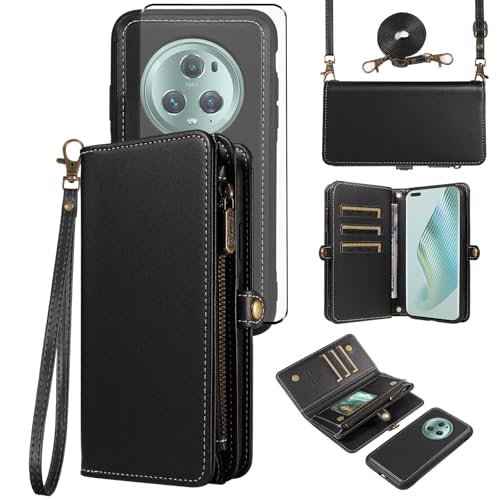 Coque Honor Magic 5 Pro avec cordon et portefeuille en cuir noir Asuwish