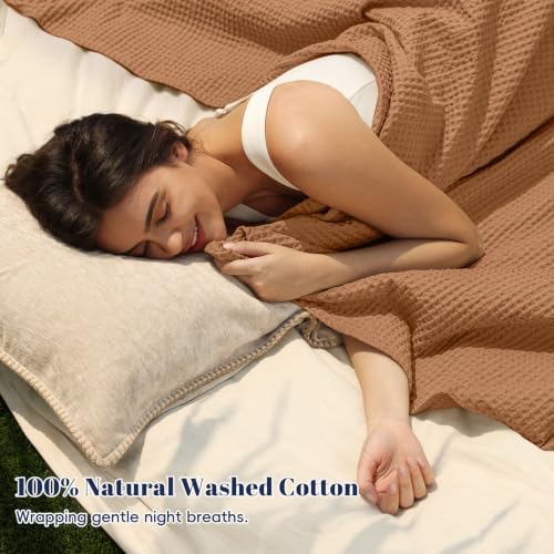 Image of PHF Pre-Washed Cotton Waffle Weave Blanket King Size for Bed, Snag Proof Throw Blanket for Couch Spring Summer Lightweight Breathable,Oeko-TEX Certified,Machine Washable,Home Decor Gift-Cinnamon Brown