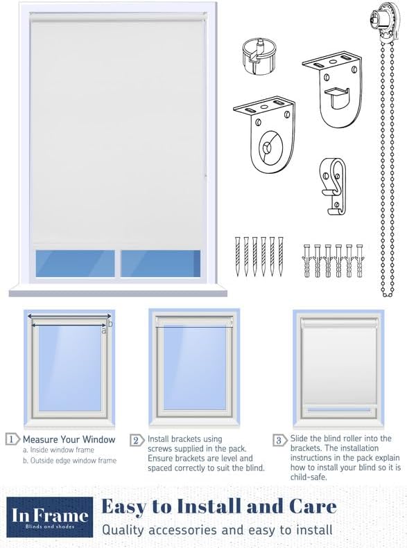 IN FRAME Roller Shades Blackout Blinds for Windows, UV Protection Window Shades Door Blinds, Thermal Insulated Privacy Fabric, No Tools Easy Install for Home, Office and Bedroom, 35" W x 72" H, White