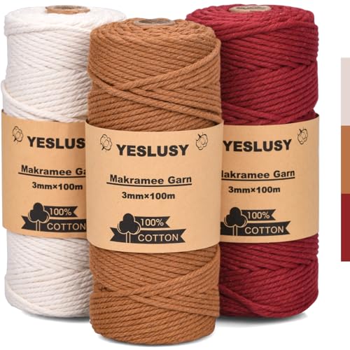 YESLUSY 3 Piezas Hilo Macrame 3mm x100m, Cuerda Macrame 100% Natural y Biodegradable, Macrame Kit para Manualidades, Navidad, Plantas Colgantes y Decoración Bohemia Large