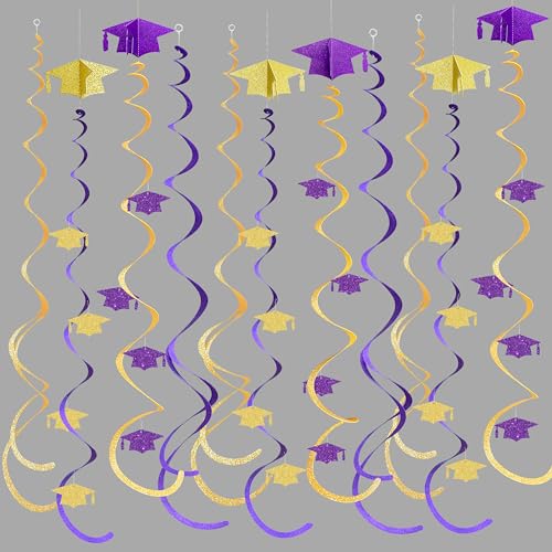 Image of 24Pcs Purple Gold Graduation Grad Cap Hanging Felt Swirl Streamer Spiral Ceiling Garland for Congrats Grad You Did It Class of 2026 We are So Proud of You I'm Done Themed Party Decorations Supplies
