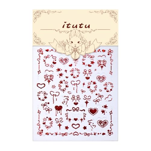 Image of 5D Embossed Valentines Nail Stickers Red Nail Art Stickers Heart Bow Glitter Shiny Design Nails Decals Self Adhesive for Women Manicure DIY Decoration Nails Art Supplies