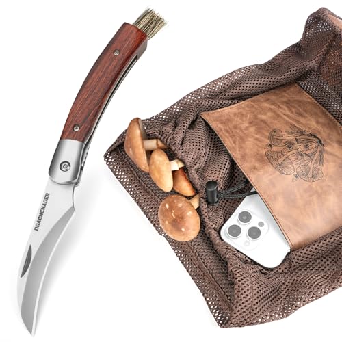 Foto von DRACHENADER Pilzmesser & Pilzkorb, Schwammerlmesser mit Bürste/Pinsel (Integriert), Liner Lock, §42a konform, Atmungsaktive, Faltbare Pilztasche mit Netz, Verstellbarem Schultergurt
