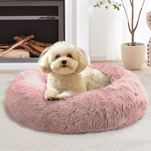 Image of JOLLYVOGUE Calming Dog Bed Medium Size Dog, Anti-Anxiety Donut Medium Pet Bed, 27 inches Fluffy Faux Fur Round Cat Bed (Dark Pink)