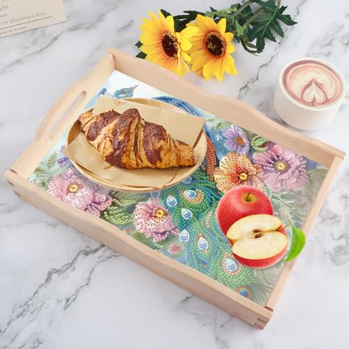 Image of DIY Diamond Art Tray with Handle Diamond Art Painting Plate Creative Design Handmade Wooden Tray Mosaic Making Kits by Number Kits Diamond Art for Coffee Living Room Home Organizer (Peacock)