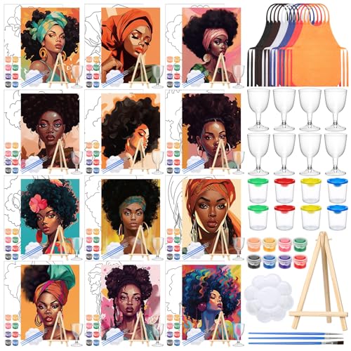 Sherr 96 Pcs 12 Sets Pre Drawn Canvas Kit for Painting Craft Sip and Paint Kit for Adults Pre Printed Canvas Painting Favor for DIY Birthday Gifts Adults Date Party 8 x 10 Inches(Lady)