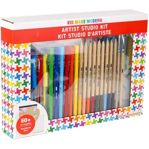 Kid Made Modern Artist Studio Kit & Travel Art Supplies Set for Ages 5 6 7 8 9 10 11 12+ w/Paper Pads, Colored Pencils, Markers, Watercolor & 50+ Pcs Cover
