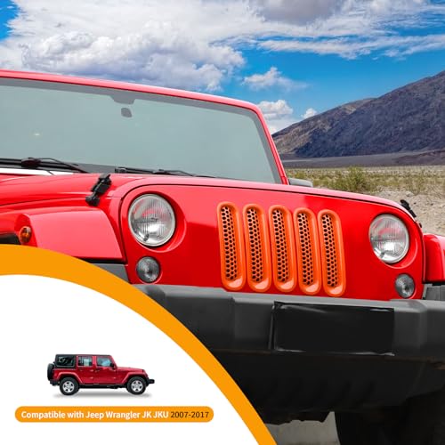 Image of Hoolcar Front Grill Mesh Inserts Clip-in Honeycomb Grille Guard Cover Fit for Jeep Wrangler JK JKU 2007-2017, Exterior Accessories, Orange