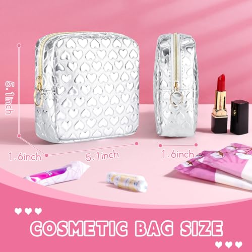 Image of Likesing 5.1 inch Mini Makeup Bag for Purse, Leather Small Makeup Pouch Travel Cosmetic Make up Bags for Women Girls, Cute Preppy Mini Toiletry Bag Coin Pouch Period Bag(3D Love Silver)