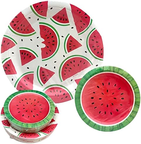Oojami 100 Count Paper Plates 50-9" Dinner Paper Plates, 50-7" Dessert Paper Plates Watermelon Birthday Summer Theme Party (Watermelon)