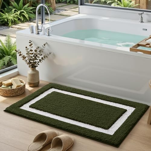 Image of Color&Geometry Green Bathroom Rugs 36x24, Extra Soft Absorbent Microfiber Bath Rugs, Non-Slip Bathroom mat, Washable Plush Bath Mats for Bathroom, Shower, Bathtub, Laundry, Green White