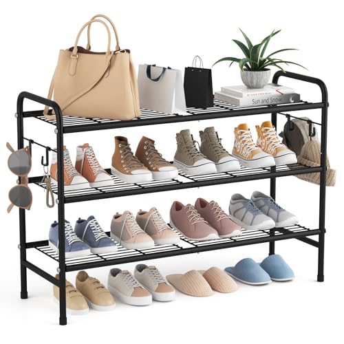 3 Tier Shoe Rack 33″ Wide Metal Shoe Organizer Long Shoe Storage with 4 Side Hooks Sturdy Shoes Shelf for Front Door Entrance, Closet, Garage, Dorm, Black