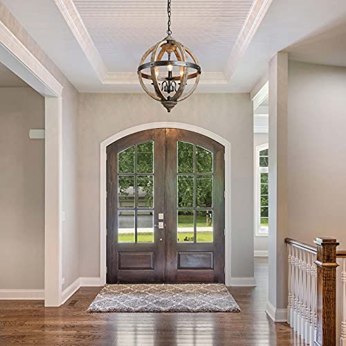 KSANA Farmhouse Chandelier for Dining Room, Wood and Metal Chandelier for Entryway, Rustic Finish, 3-Light, 15.7" Dia - Image 4
