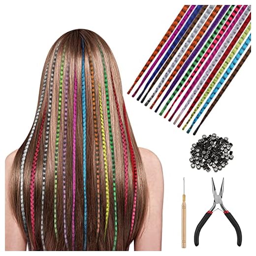 HIFOT 25Pcs Kit Extension de Cheveux Colorés, Synthétiques Plume Cheveux, Meche Cheveux Couleur, 100 Perles, 1 Pince et Crochet, Accessoires Cheveux Fille Femmes pour Party Festival Cosplay