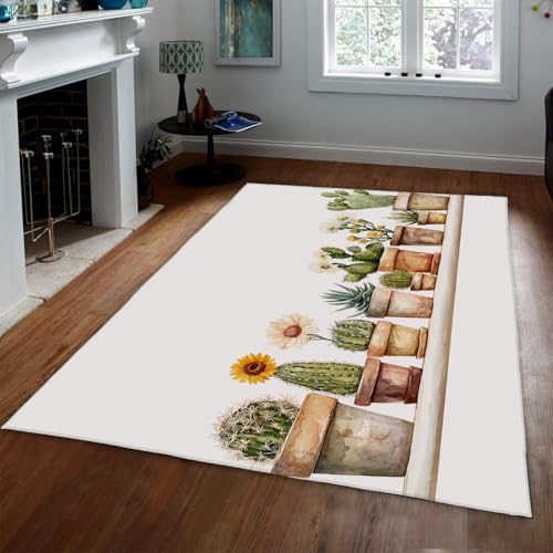 サボテンと多肉植物の屋内ドアマットグリーン鉢植えエリアラグ玄関バルコニー用滑り止めノンシェディング薄いカーペットの家の装飾 150x210cm