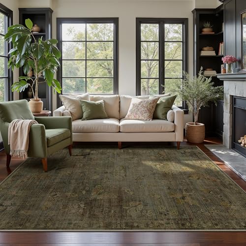 GENIMO 6x9 Area Rugs for Living Room, Machine Washable Non Slip Vintage Rugs, Low Pile Lightweight Chenille Print Rug for Bedroom, Dining Room, Home Office, Moss Taupe