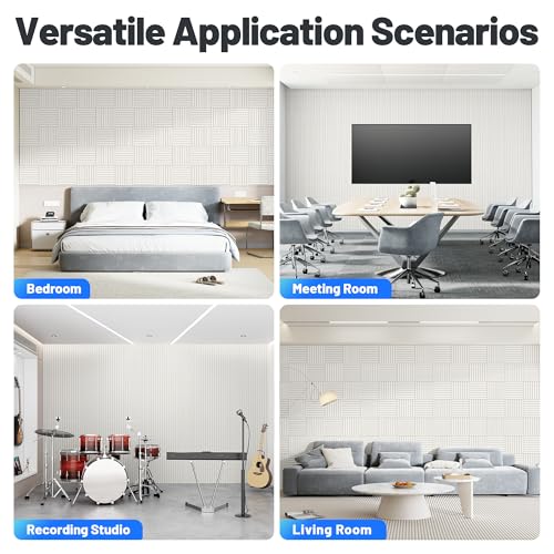 Image of 12 Pack Sound Proof Foam Panels for Walls, Acoustic Panels Self-Adhesive | 12 inch X 12 inch X 0.4 inch Slatted Soundproof Wall Panel, High Density Sound Absorbing Panel for Gaming Recording Studio Decor-Ivory