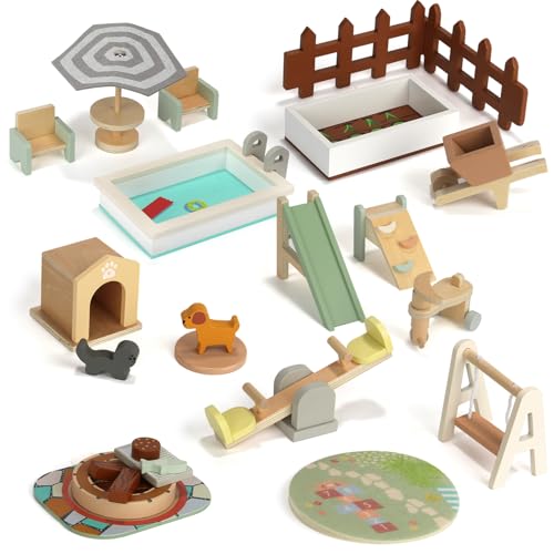 26PCS Wooden Dollhouse Furniture Set, Outdoor Miniature Doll House Accessories Playset for Toddlers, Outdoor Scenes Poolside Playground Pretend Play...