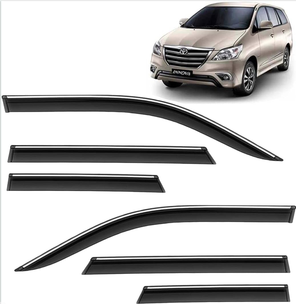 Chrome Lining Door Visor – Compatible with Toyota Innova (2012–2015) | Premium Chrome-Trimmed Unbreakable Rain Guard & Wind Deflectors (Set of 6)