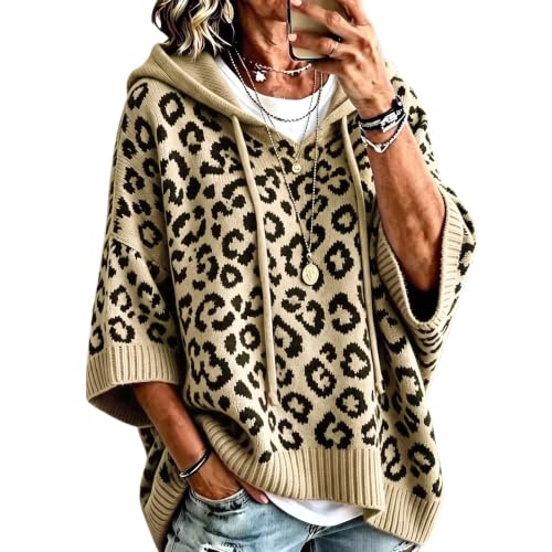 Sweaters for Women Oversized Leopard Print 3/4 Sleeve Hooded Knit Pullover - image 2