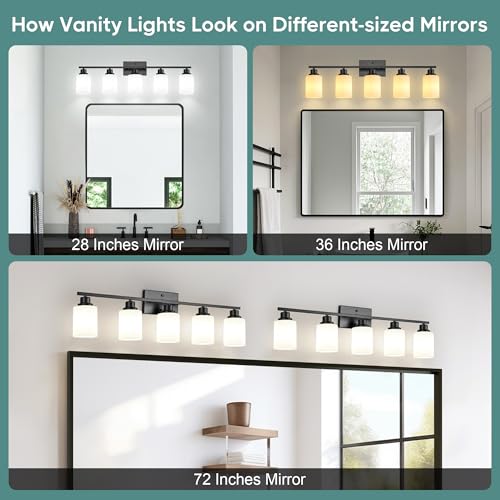 Image of Ascher Bathroom Light Fixtures, 5-Light Vanity Light Over Mirror, Matte Black Wall Sconces with Milky White Frosted Glass Shades, Wall Lamp for Living Room Bedroom, E26 Base(Bulbs Not Included)