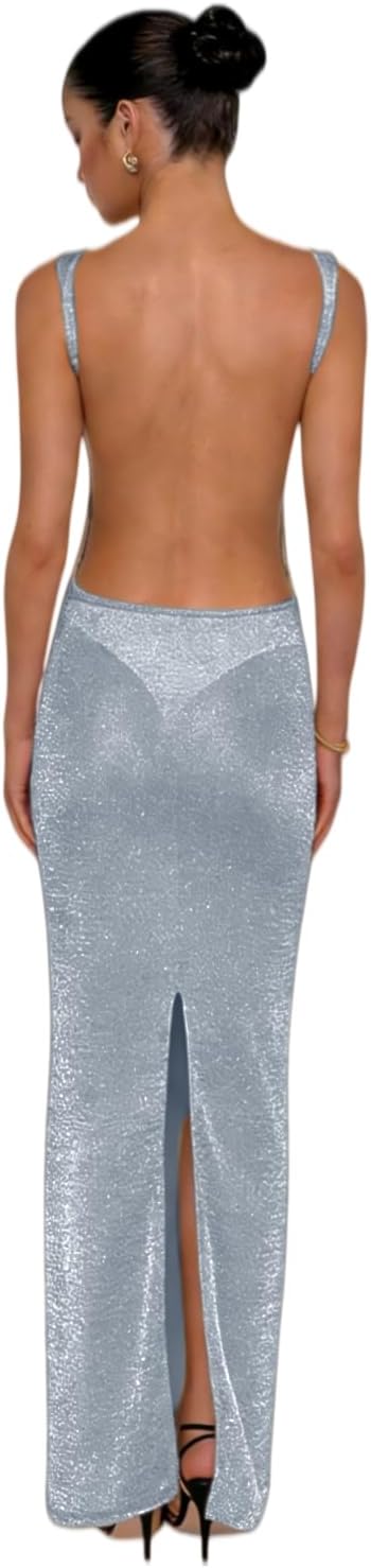 Women's Sexy Open Back Glitter Maxi Dress Sheer Mesh Beach Cover Up Dress Sleeveless Party Vacation Dresses