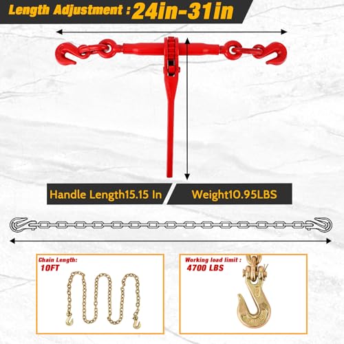 Image of Chain Binder 3 /8'' to 1 /2'', Chain and Binder Kit, Ratchet Load Binder with 9200 LBS WLL, Grade 70 and 3 /8'' x 10 FT Chain with 6600 LBS WLL for Tie Down, Hauling, 2 Binders and 2 Chains
