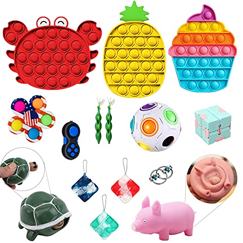 UKKITEK 15Pcs Sensory Fidget Toy Pack, Stress & Anxiety Relief Tools Bundle Toys Assortment for Kids Adults, Push Popping Bubble and Simple Dimple, Stress Ball, Infinity Cube, Buckle Ring & More