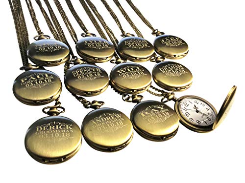 Personalized Pocket Watches, Set of 10 Groomsmen Wedding Unique Gifts, Chain, Box and Engraving Included, Comes in 4 Colors (Gold Vintage)