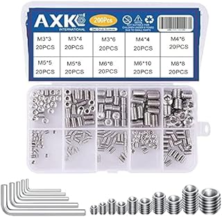 AXK Set Grub Screw M3 M4 M5 M6 M8 Metric Thread Hex Allen Socket Head Cap Screw Bolt Hexagon Hex Drive Cup Point Screw Assortment Kit Set Alloy Steel l Screw (200PCS Stainless Steel)