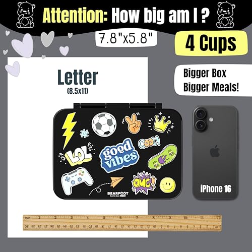 Image of BEARFOOT Kids Lunch Box with Compartments - Compact & Lightweight | Leak-Proof, BPA-Free, Dishwasher Safe | Hand-Drawn Design for Preschool, School, Travel (Sticker Black, 4 Cups) | BPA Free Leakproof Lunch Box with Compartments School & Nursery for Girls & Boys Lightweight & Compact