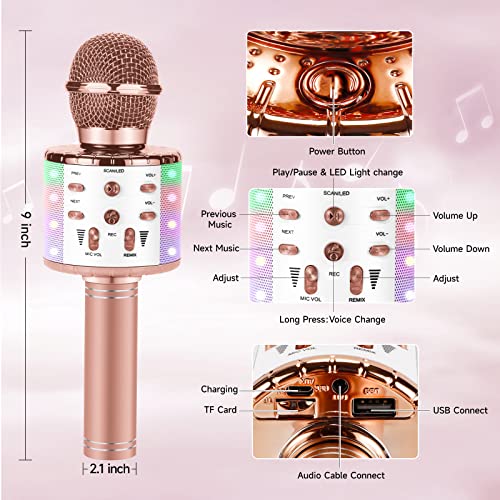 Ecokra Wireless Microphone,Karaoke Bluetooth Microphone With Led Lights 3 In 1 Portable Handheld Wireless Mic Speaker Home Ktv Machine Support Ios Android,Microphone Toys Gifts For Kids（Rose Gold） #TOP4